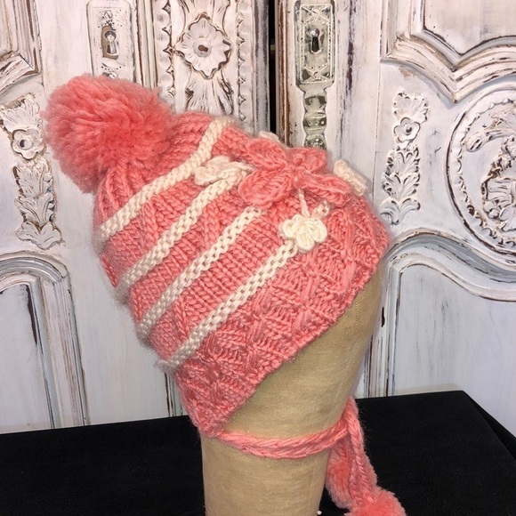 Winter Knitted Tie Beanie with Top PomPom and Knitted Flower Appliqué OSFM - Picture 1 of 8